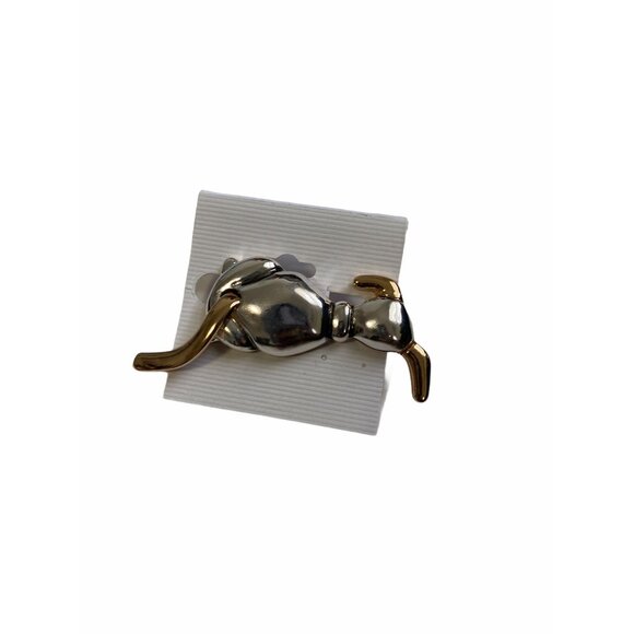 Wagging Tails Puppy Pin Two Tone Dog Silver Plated Gold Accents 3 in Brooch - Picture 1 of 4